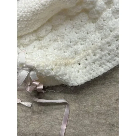 Vintage Handmade White Newborn Knit Cardigan Hat  Infant Sweater Bonnet Cap Set - Picture 5 of 5